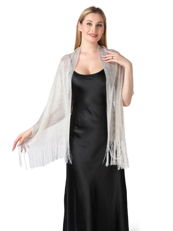 CorssKulture - satin shimmer stole FairyDust front view with one open hand