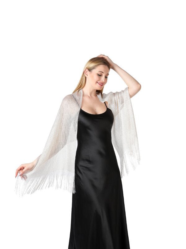 CorssKulture - satin shimmer stole FairyDust front view with one hand on head