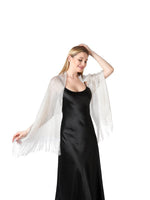 CorssKulture - satin shimmer stole FairyDust front view with one hand on head