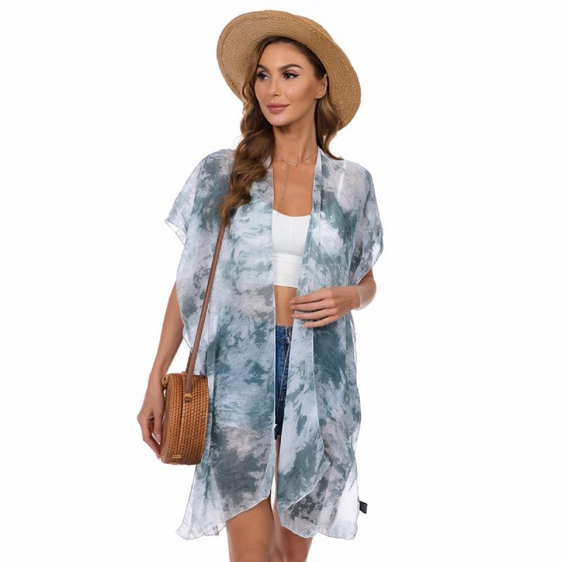 CrossKulture - OceanBreeze Kimono Shrug TieDye Print Blue front view