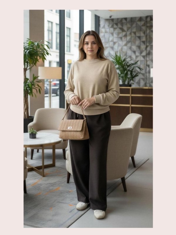 CrossKulture - BlissElegance camel lightweight handbag carried by female model