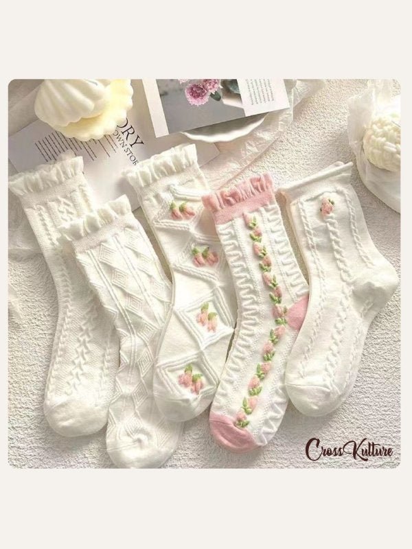 CrossKulture - SoleBesties pink & White crew socks front view