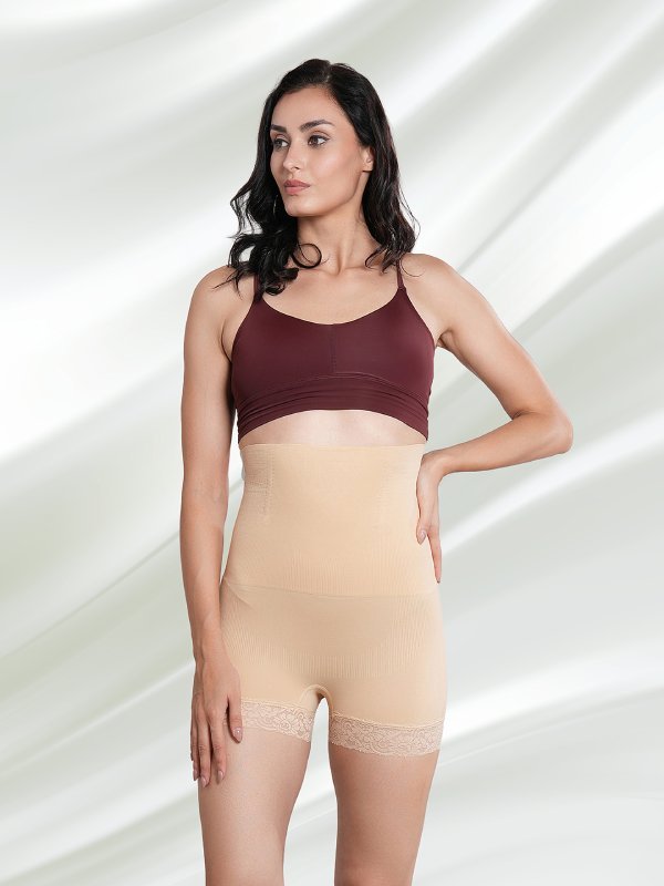 CrossKulture - LaceContour High Waist Tummy Control ShapeToner Shorts front model view beige