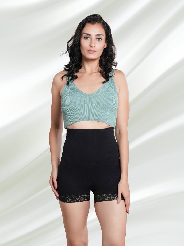 CrossKulture - LaceContour High Waist Tummy Control ShapeToner Shorts front model view black