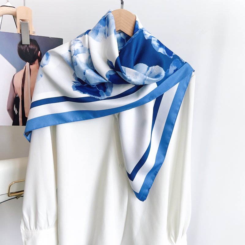 AquaPansy SatinTwill Scarf Square Blue