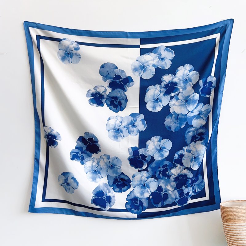 AquaPansy SatinTwill Scarf Square Blue