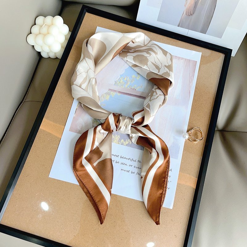 CrossKulture - MochaSpring short satin scarf front knot view on frame