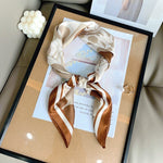 CrossKulture - MochaSpring short satin scarf front knot view on frame