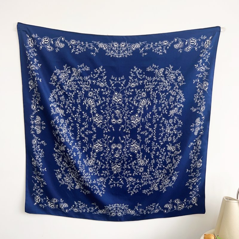 DelicateVine Satin Twill Scarf Square Blue