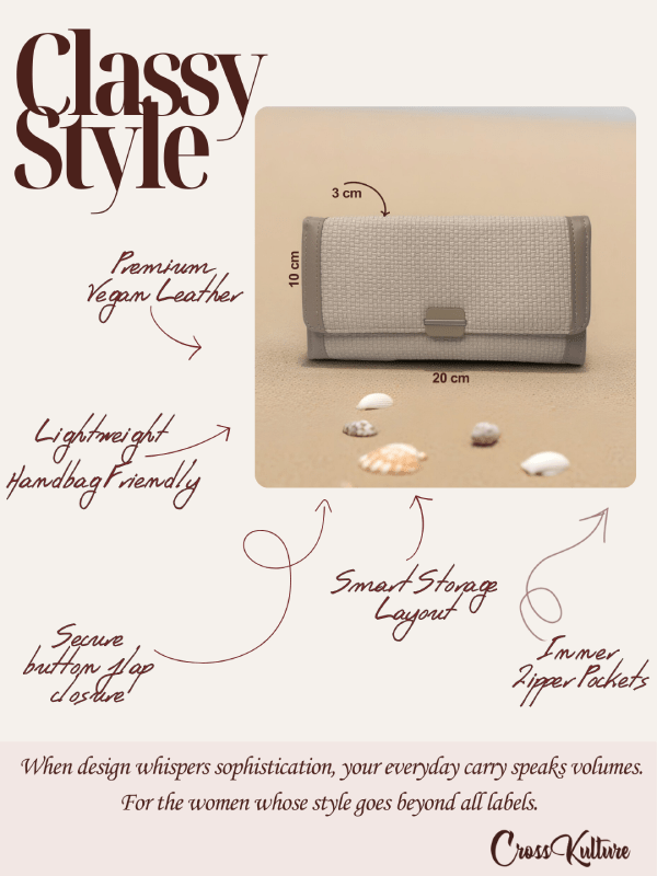 CrossKulture - RichCarry lightweight long wallet infographic image showing features