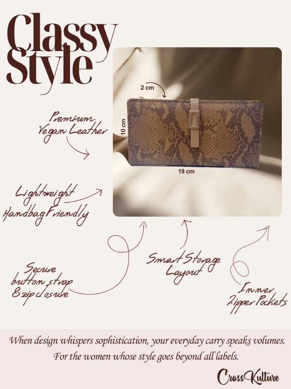 CrossKulture - OpulentCarry lightweight long wallet infographic image showing features