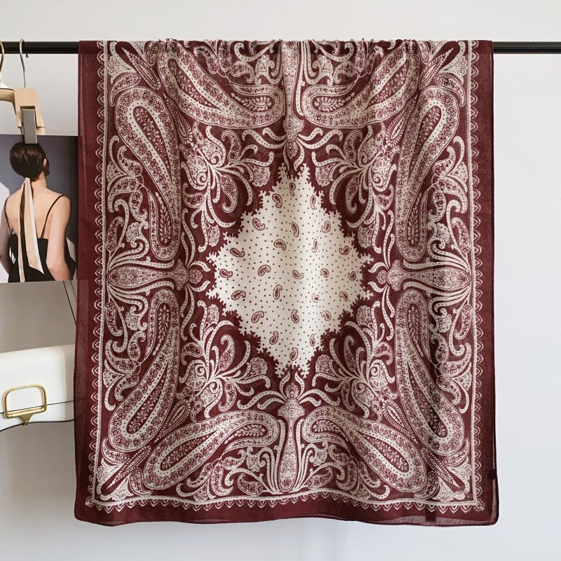 FloralSymphony Long Viscose Cotton Scarf Maroon