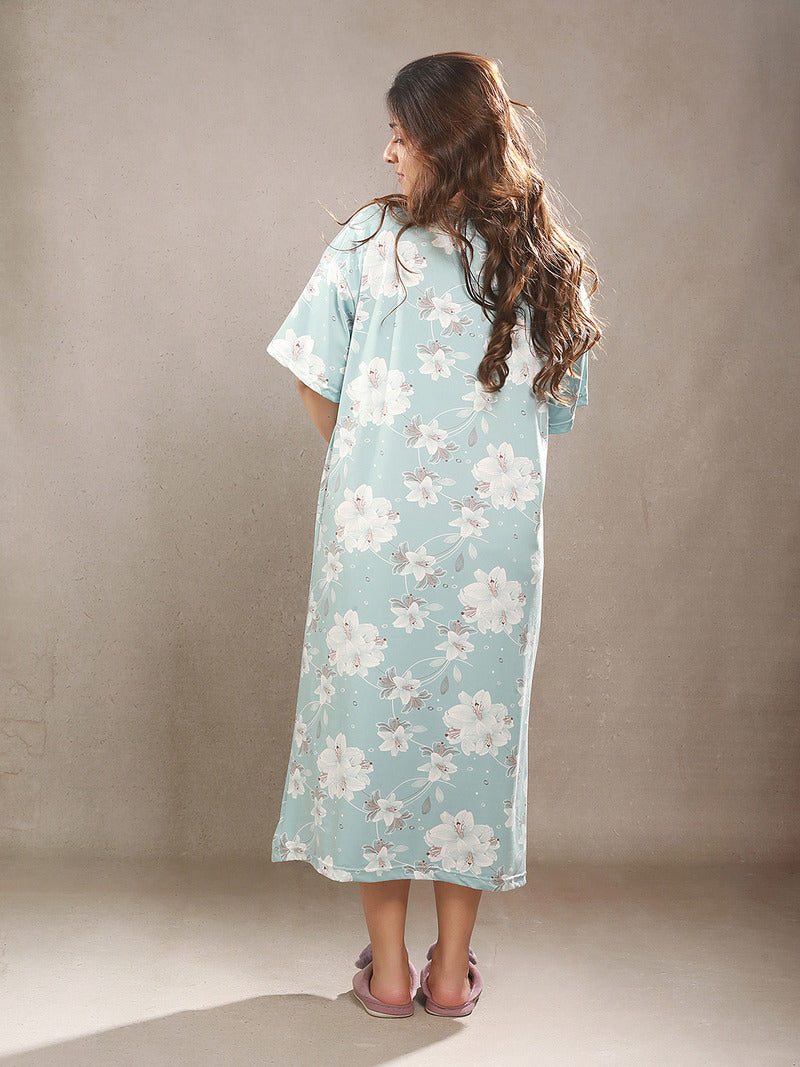 Crosskulture - LilyLullaby Floral Printed Night Gown Teal back view