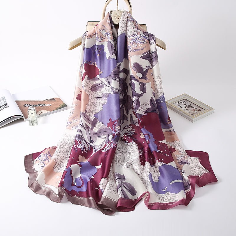 CrossKulture - WineFlora Long Satin Scarf Purple front hanger view