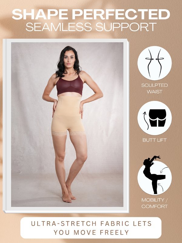 CrossKulture - LaceContour High Waist Tummy Control ShapeToner Shorts infographic image