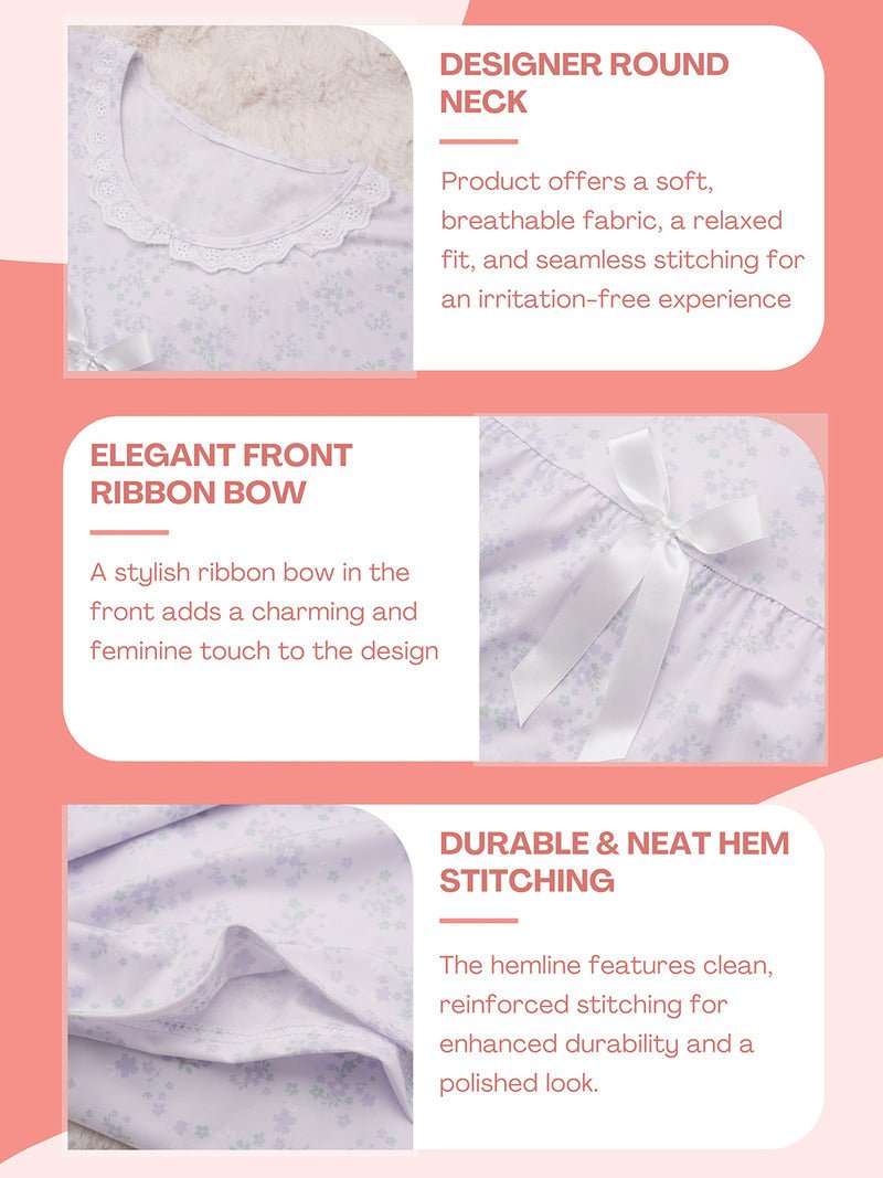 Crosskulture - CamelliaCalm Floral Printed Night Gown Mauve infographic image showing features