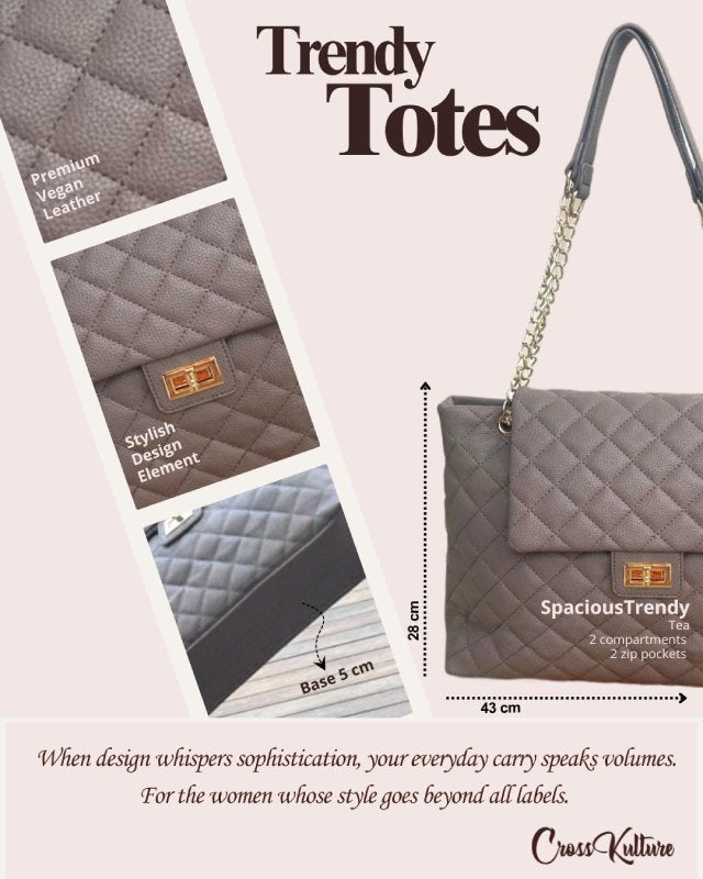 CrossKulture - SpaciousTrendy Tote Bag infographic image showing features, design and detailing