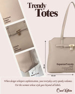 CrossKulture - ExpanseTrendy Tote Bag infographic image showing fabric, features and detailing