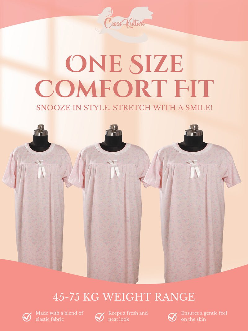 Crosskulture - TulipTranquil Floral Printed Night Gown Pink infographic image showing features
