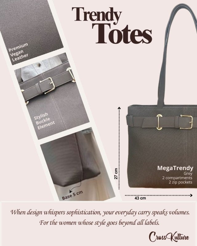 CrossKulture - MegaTrendy Tote Bag infographic image showing fabric, features and detailing