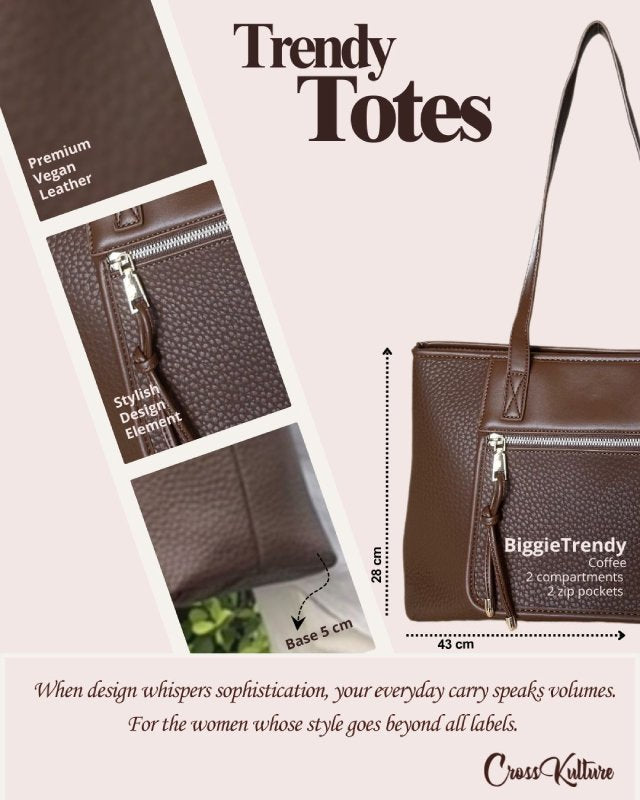 CrossKulture - BiggieTrendy Tote Bag inforaphic image showing fabric, features and detailing
