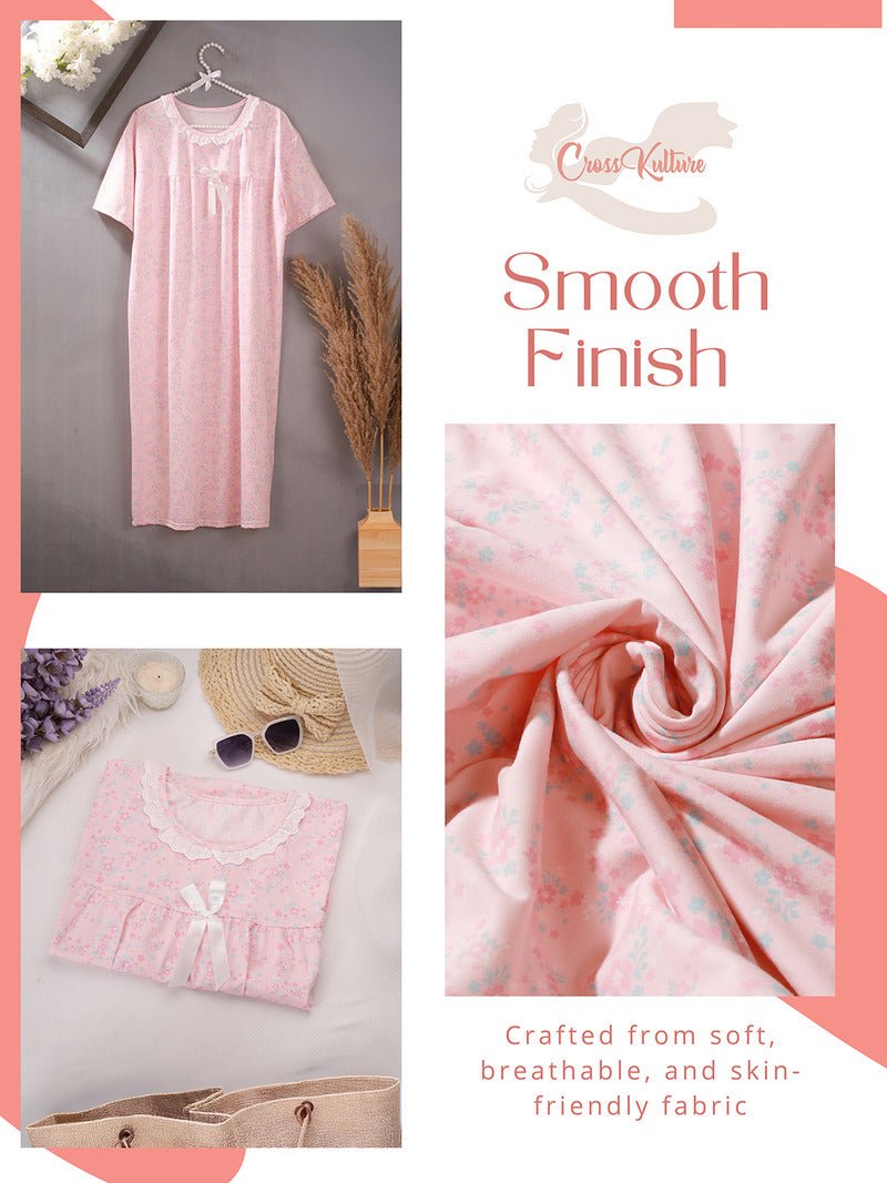 Crosskulture - TulipTranquil Floral Printed Night Gown Pink infographic image showing features