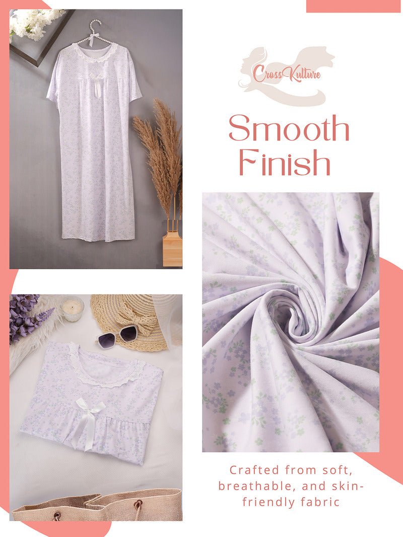 Crosskulture - CamelliaCalm Floral Printed Night Gown Mauve infographic image showing features