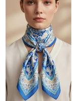 CrossKulture - AquaSpring Small Square Satin Scarf Blue front model view