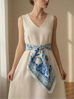 CrossKulture - AquaSpring Small Square Satin Scarf Blue tied on model waist