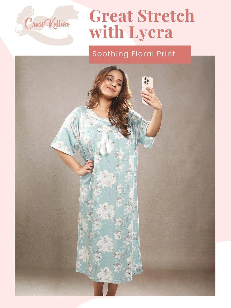 Crosskulture - LilyLullaby Floral Printed Night Gown Teal infographic image