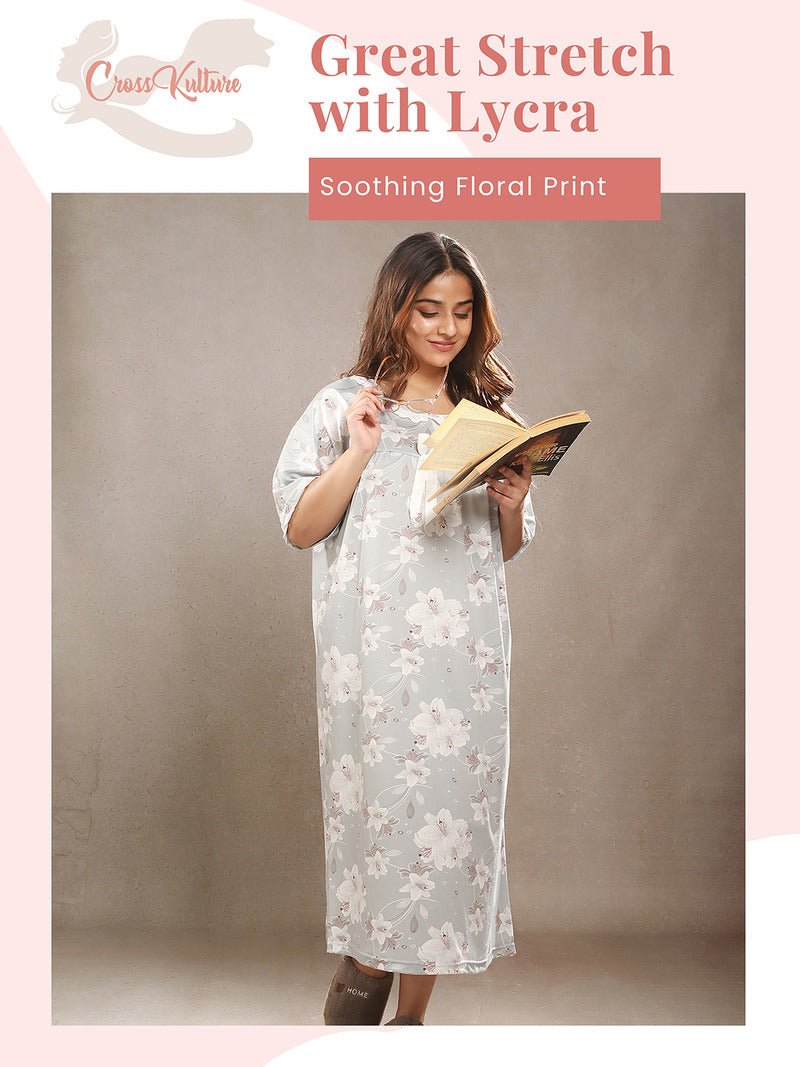 CrossKulture - DaisyDreams Floral Printed Night Gown Grey infographic image