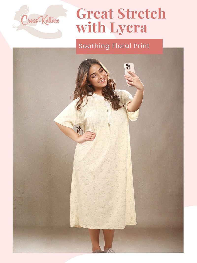 Crosskulture - PetalPause Floral Printed Night Gown Yellow infographic image showing features