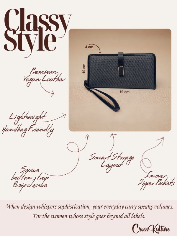 CrossKulture - RadiantCarry lightweight long wallet infographic image showing features