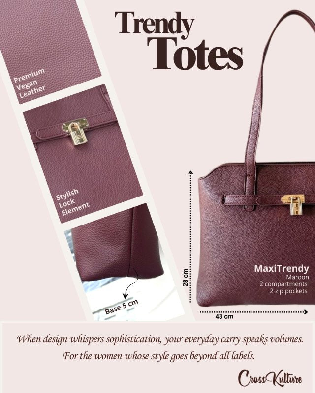 CrossKulture - MaxiTrendy Tote Bag infographic image showing fabric, features and detailing