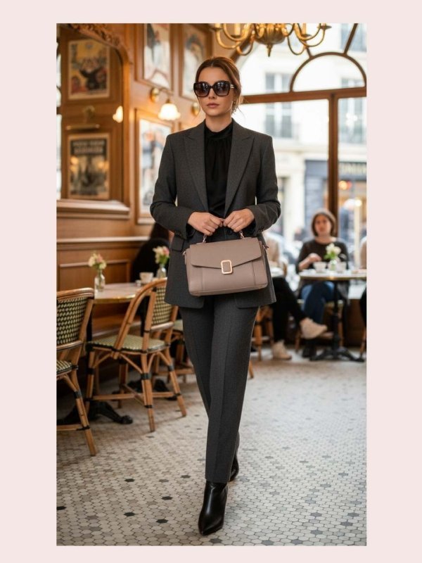 CrossKulture - BlissVogue taupe lightweight handbag carried by female model