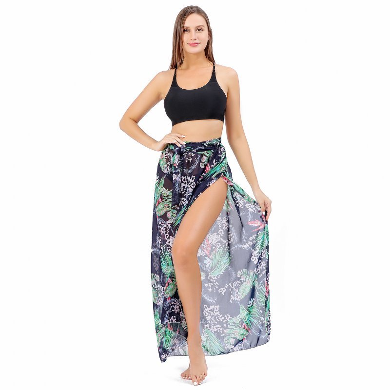 CrossKulture - TropicalFlora Sarong Skirt Floral Print Blue front model slit showing view