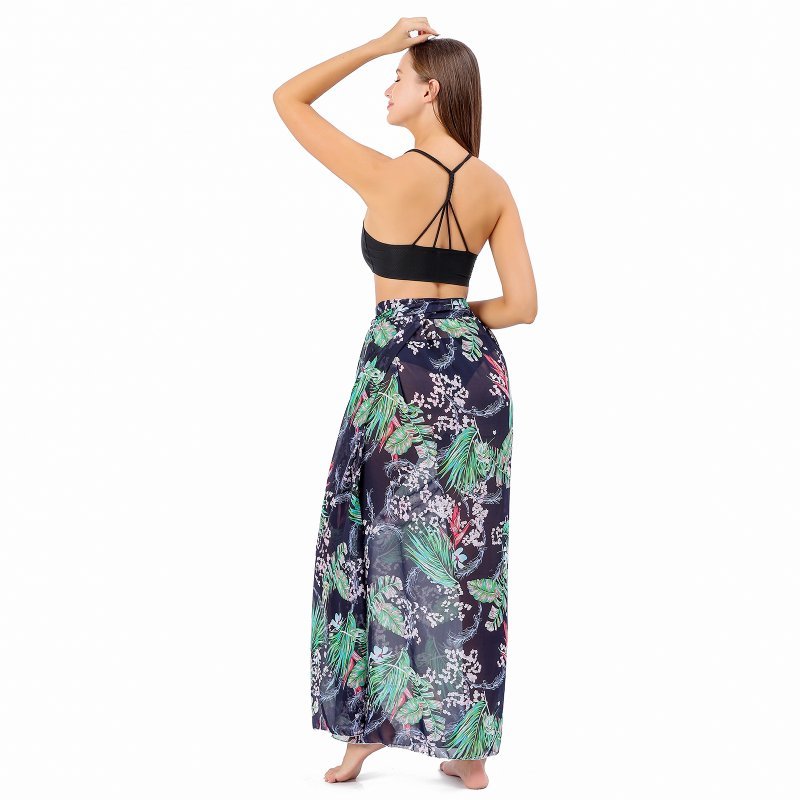 CrossKulture - TropicalFlora Sarong Skirt Floral Print Blue back model slit showing view