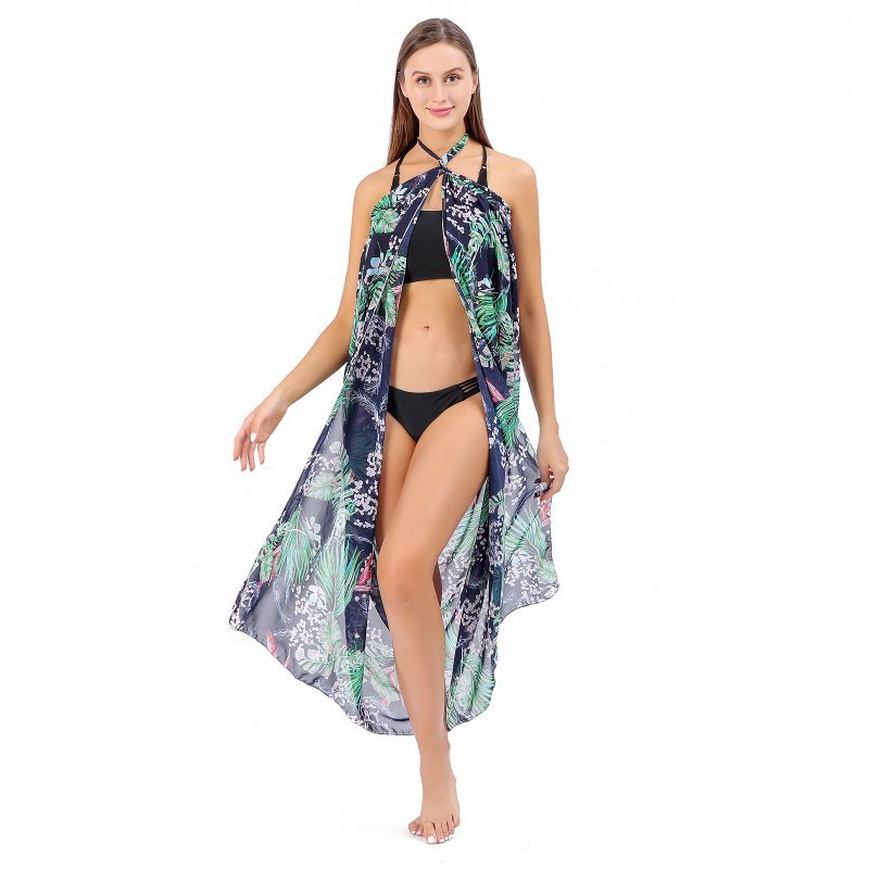 CrossKulture - TropicalFlora Sarong Skirt Floral Print Blue front model slit showing view