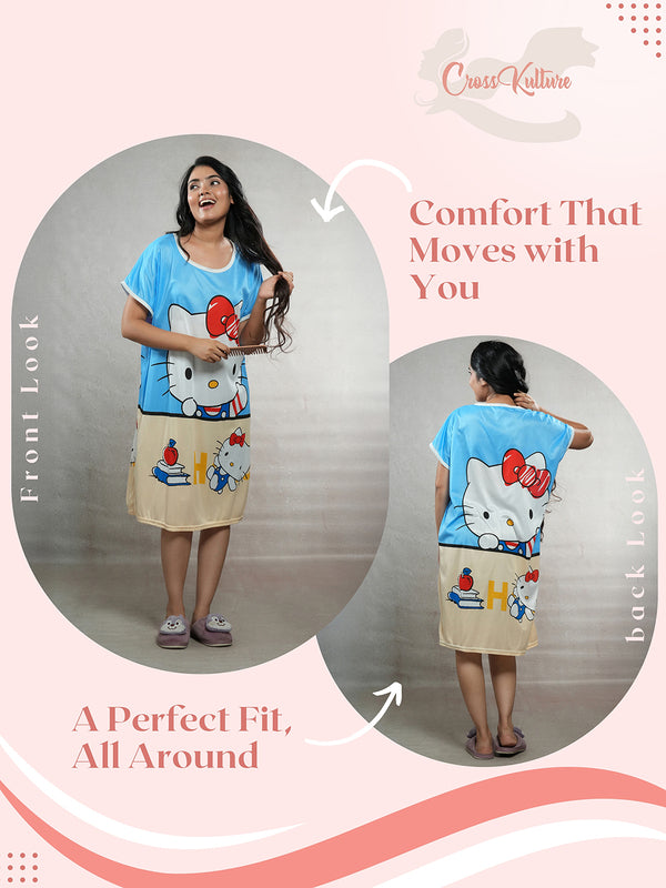 CrossKulture - HelloKitty Printed Long Tees nightdress infographic front and back view