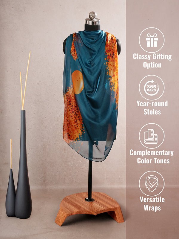 CrossKulture - OceanWhisper Long Chiffon Scarf Teal Orange infographic image