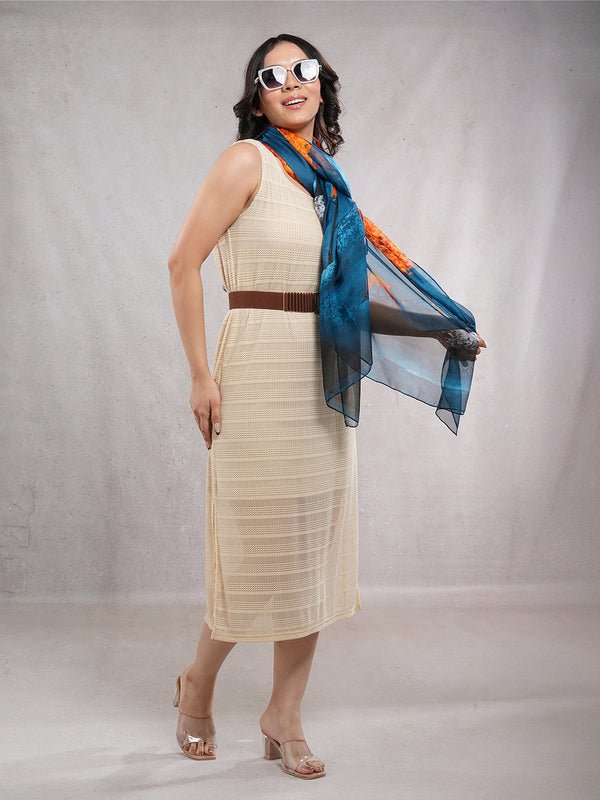 CrossKulture - OceanWhisper Long Chiffon Scarf Teal Orange front model view