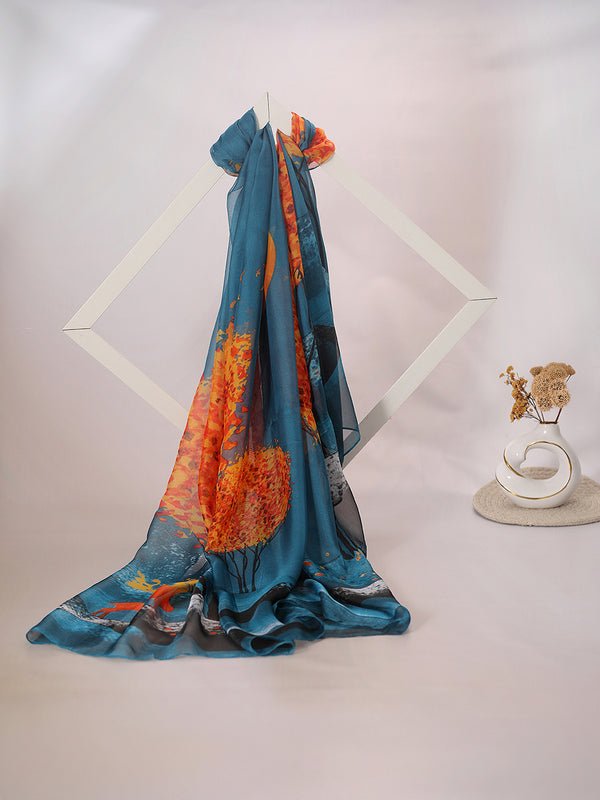 CrossKulture - OceanWhisper Long Chiffon Scarf Teal Orange full flare view