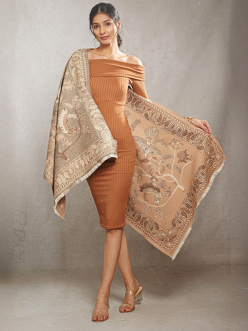 CrossKulture - SteamyBrew Paiseley pattern wool Scarf front model view
