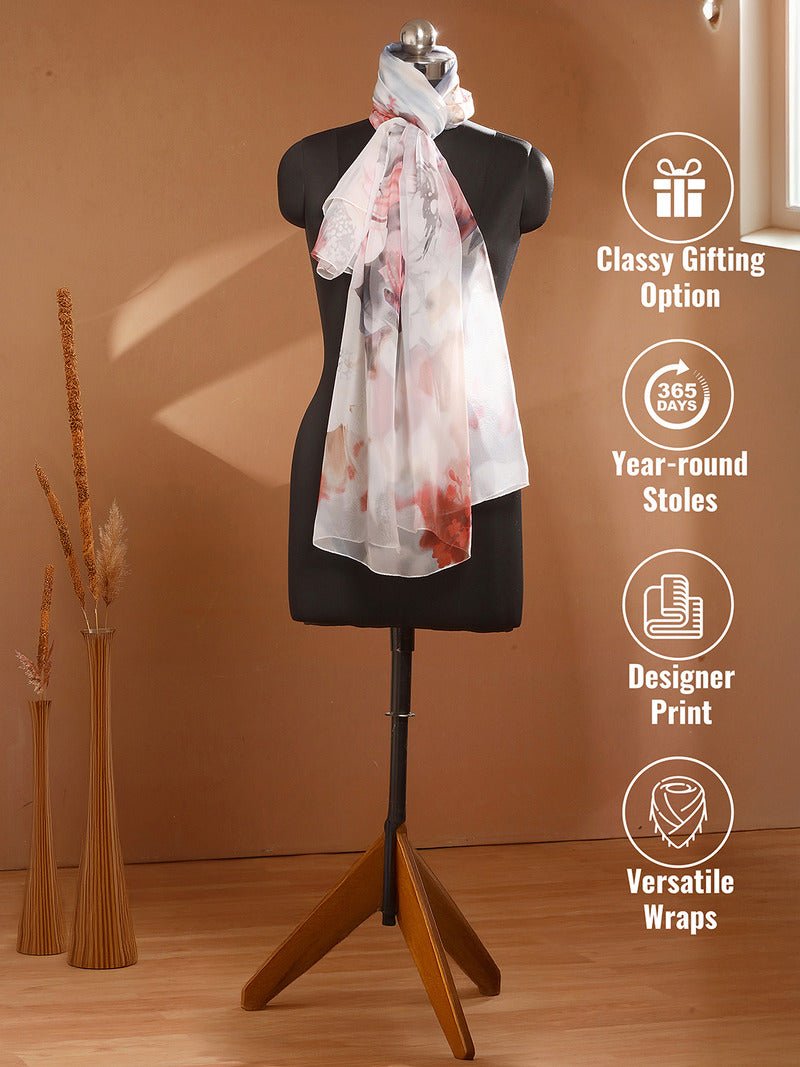 CrossKulture - LushBreeze Long Chiffon Scarf White Multicoloured infographic image showing features