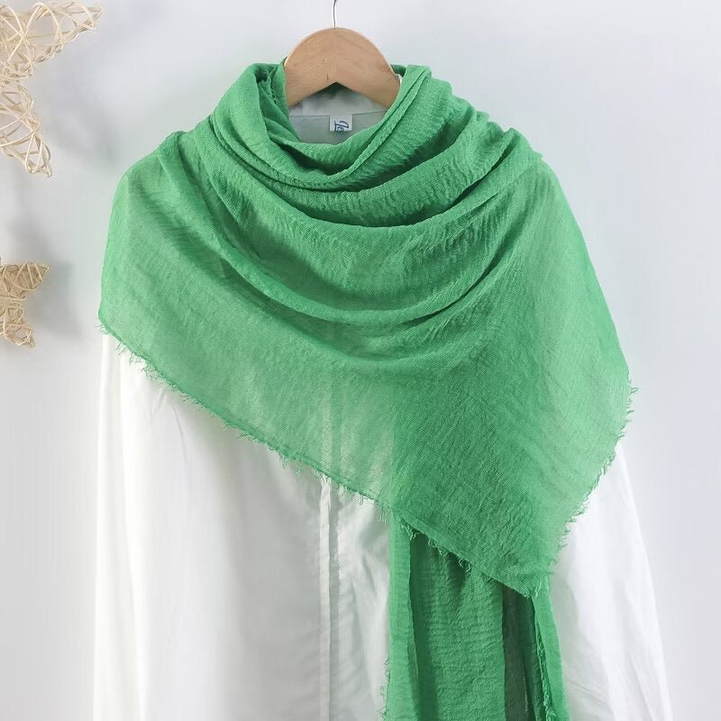 CrossKulture - GreenLeaf Green Crinkled Cotton Scarf styled on a hanger view