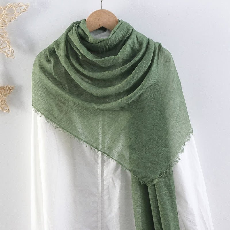 CrossKulture - OilveOil Green Crinkled Cotton Scarf styled on a hanger view