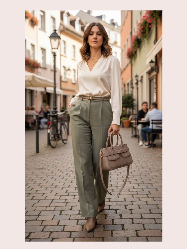 CrossKulture - BlissIcon two front pocket beige handbag carried by female model