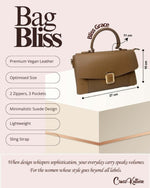 CrossKulture - BlissGrace brown handbag infographic about size, features, and design
