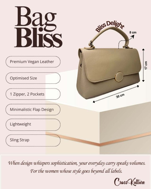 CrossKulture - BlissDelight beige handbag infographic about size, features, and design