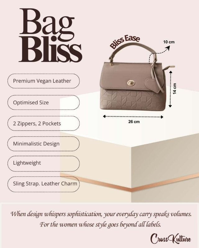 CrossKulture - BlissEase peach handbag infographic about size, features, and design